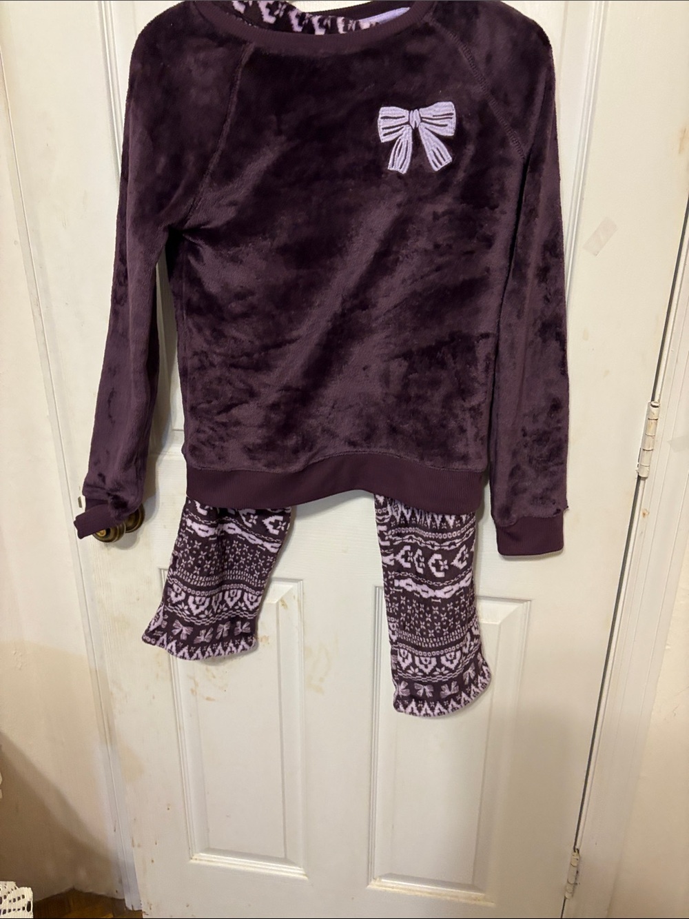 Cat & Jack Plum Purple Plush Pajama Set with Bow Accent Sz XL 14